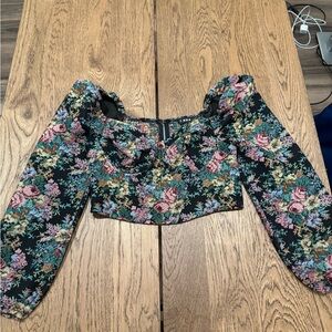 Floral Black Crop Top with Puff Sleeves